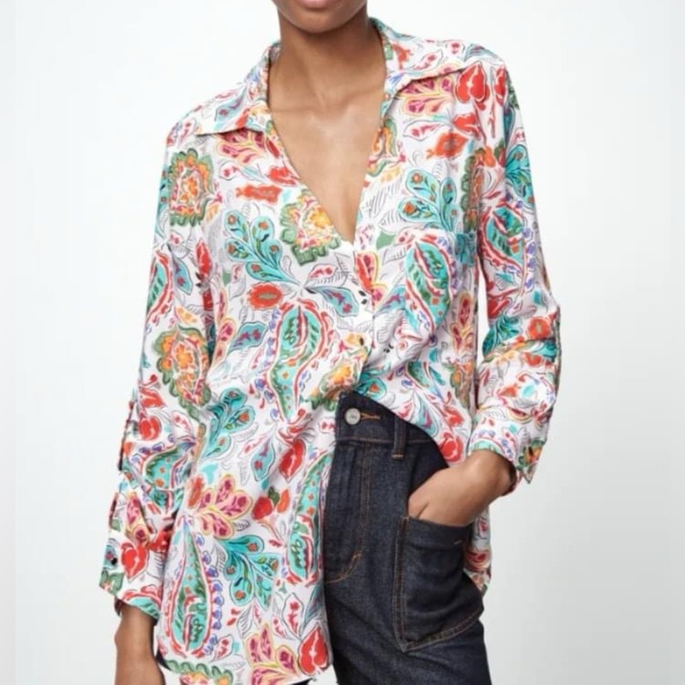 Zara colorful paisley print button up blouse